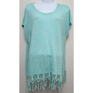 Cato Green Blue Slub Knit Batwing Short Sleeves Top XL Lace Fringe On Hem Flowy